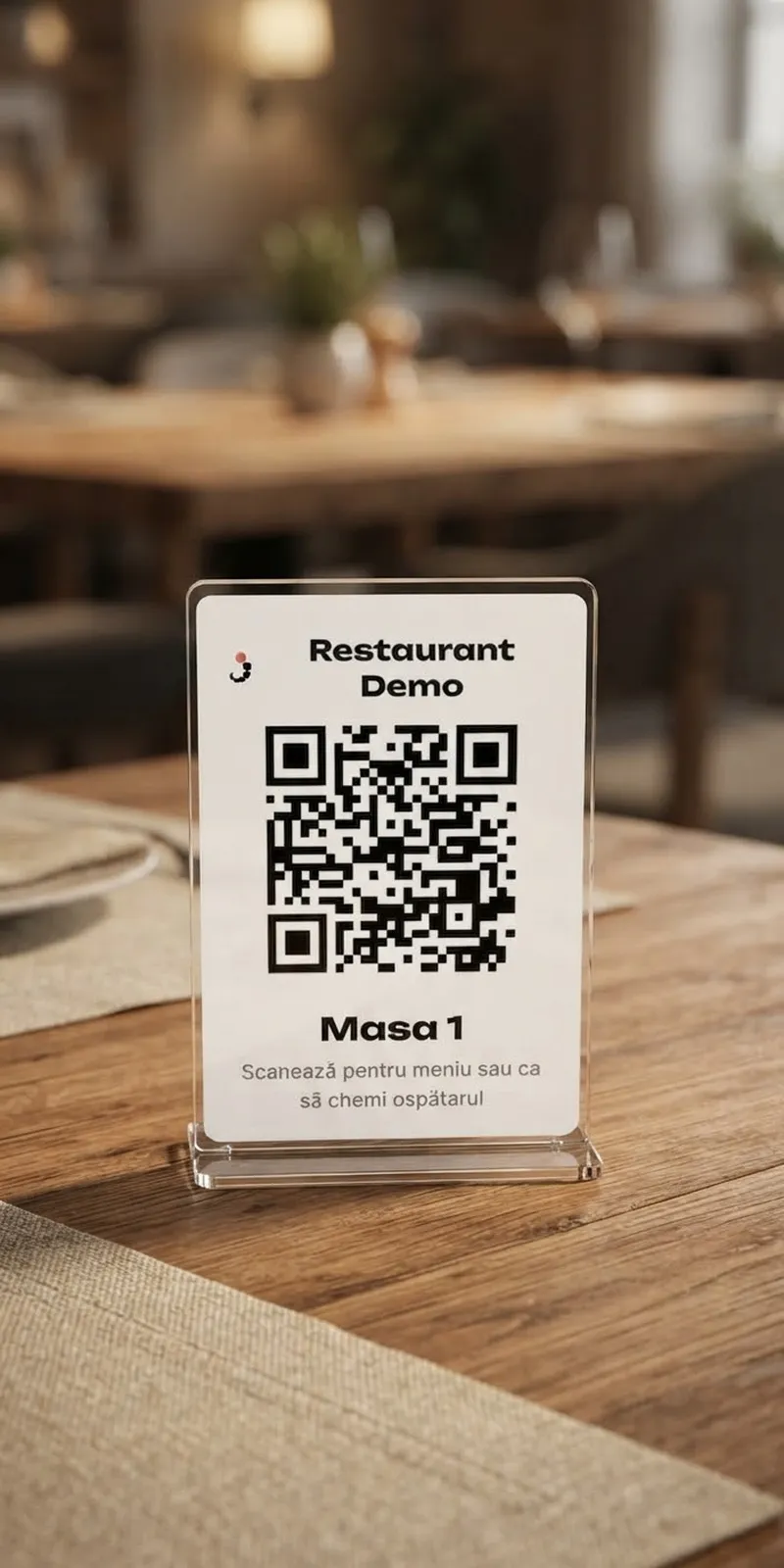 Calăreț acrilic cu codul QR al mesei, pe o masă de restaurant